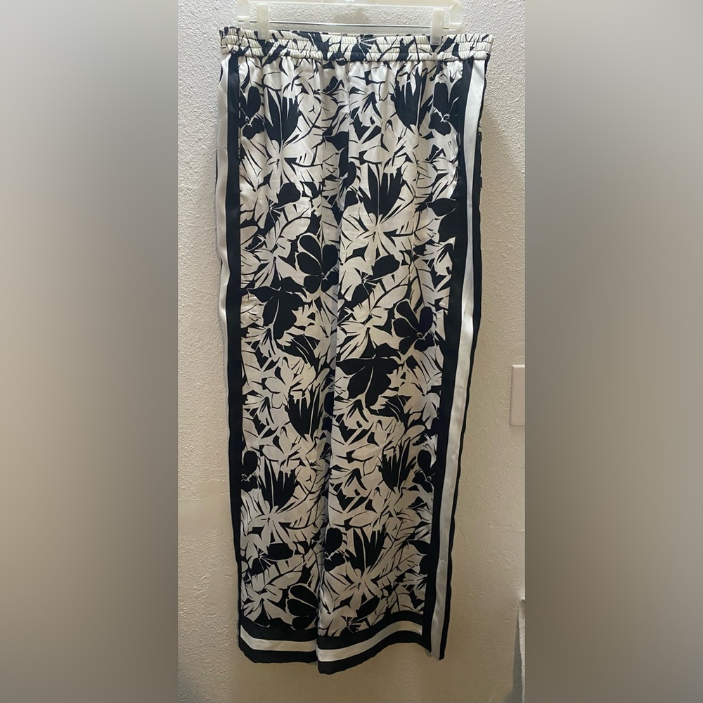 Michael Michael Kors Wide Leg Pants Women Large Black White Floral  Stripe